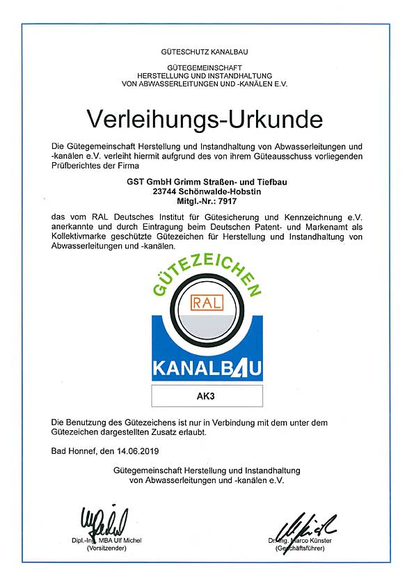 Zertifikat Gütezeichen Kanalbau AK3 groß