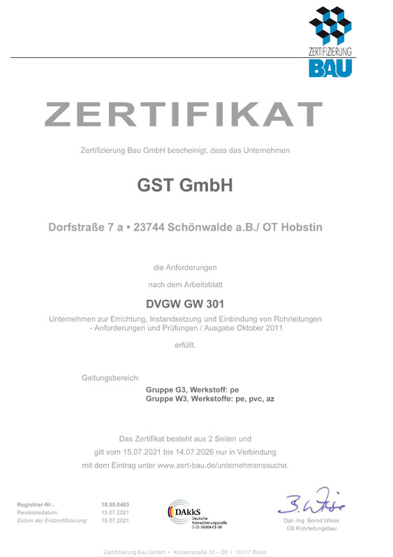 Zertifikat DVGW GW 301 groß