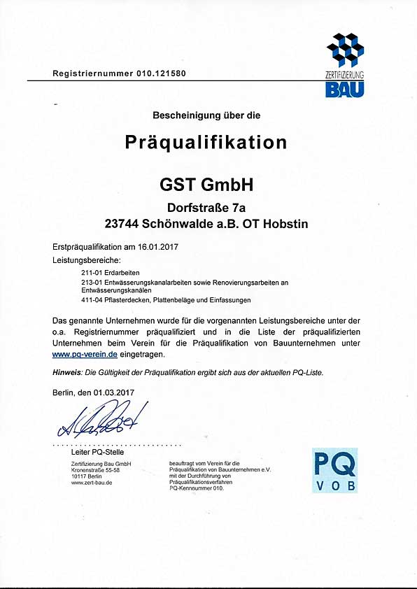 Zertifikat Präqualifikation VOB groß